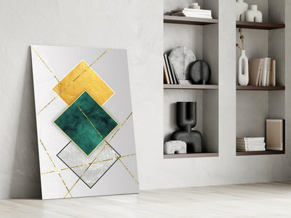 Gold and Emerald Diamond Geometry Glass Wall Art