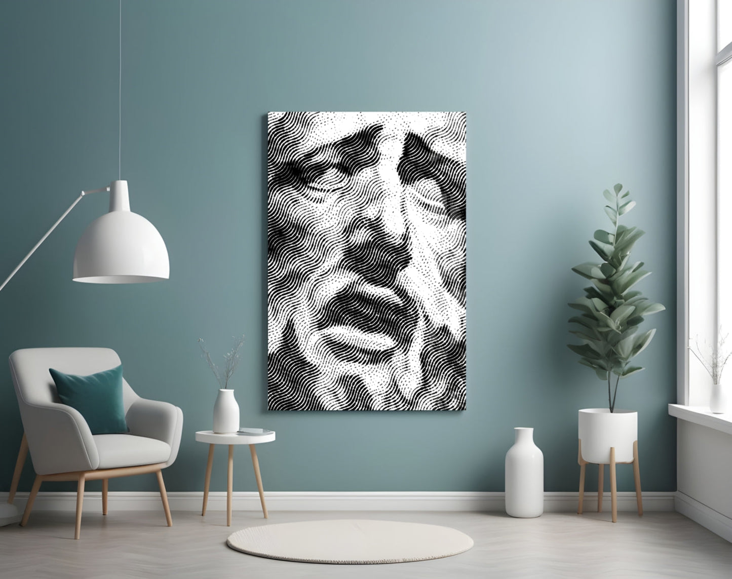 Melting Mind Glass Wall Art displaying black and white wavy line pattern hung in modern room with teal walls, white chair, and potted plant.