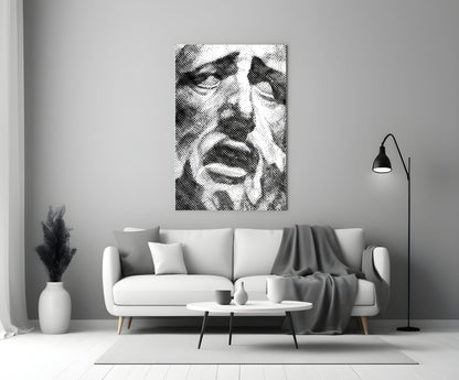 Black and white wavy striped glass art displayed above a white sofa in a minimalist living room interior.