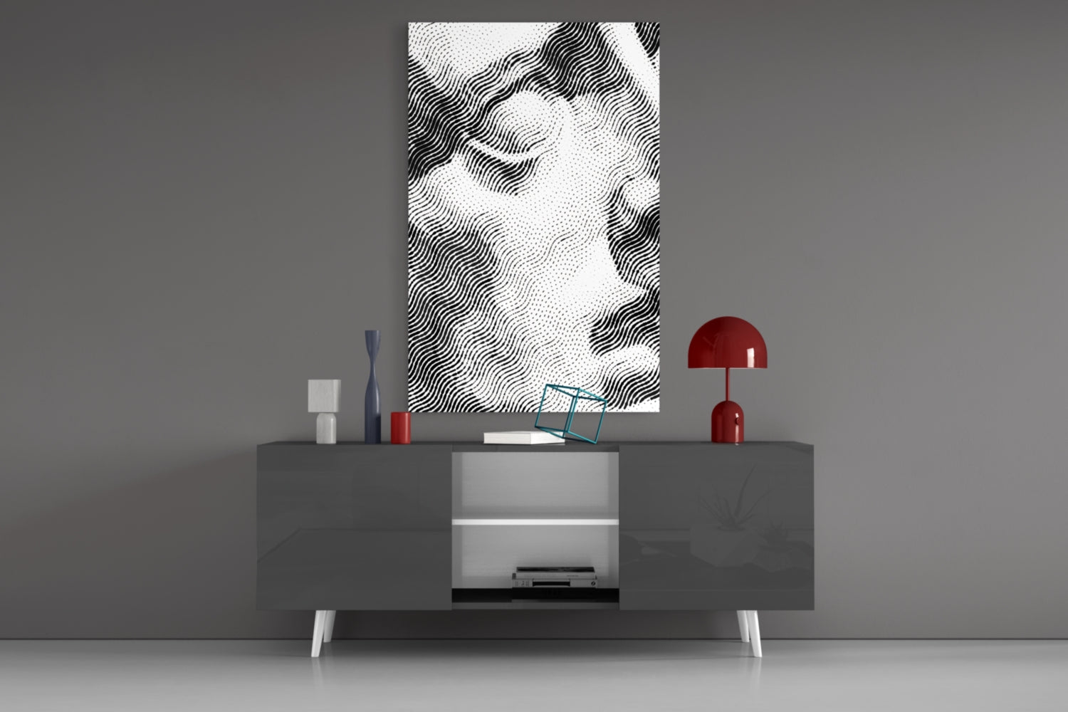 Black and white wavy pattern glass wall art displayed above a gray media console with red accents and decorative objects.