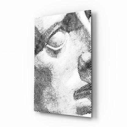 Angled view of white glass wall art panel with black wavy line patterns and dotted texture creating dimensional effect.