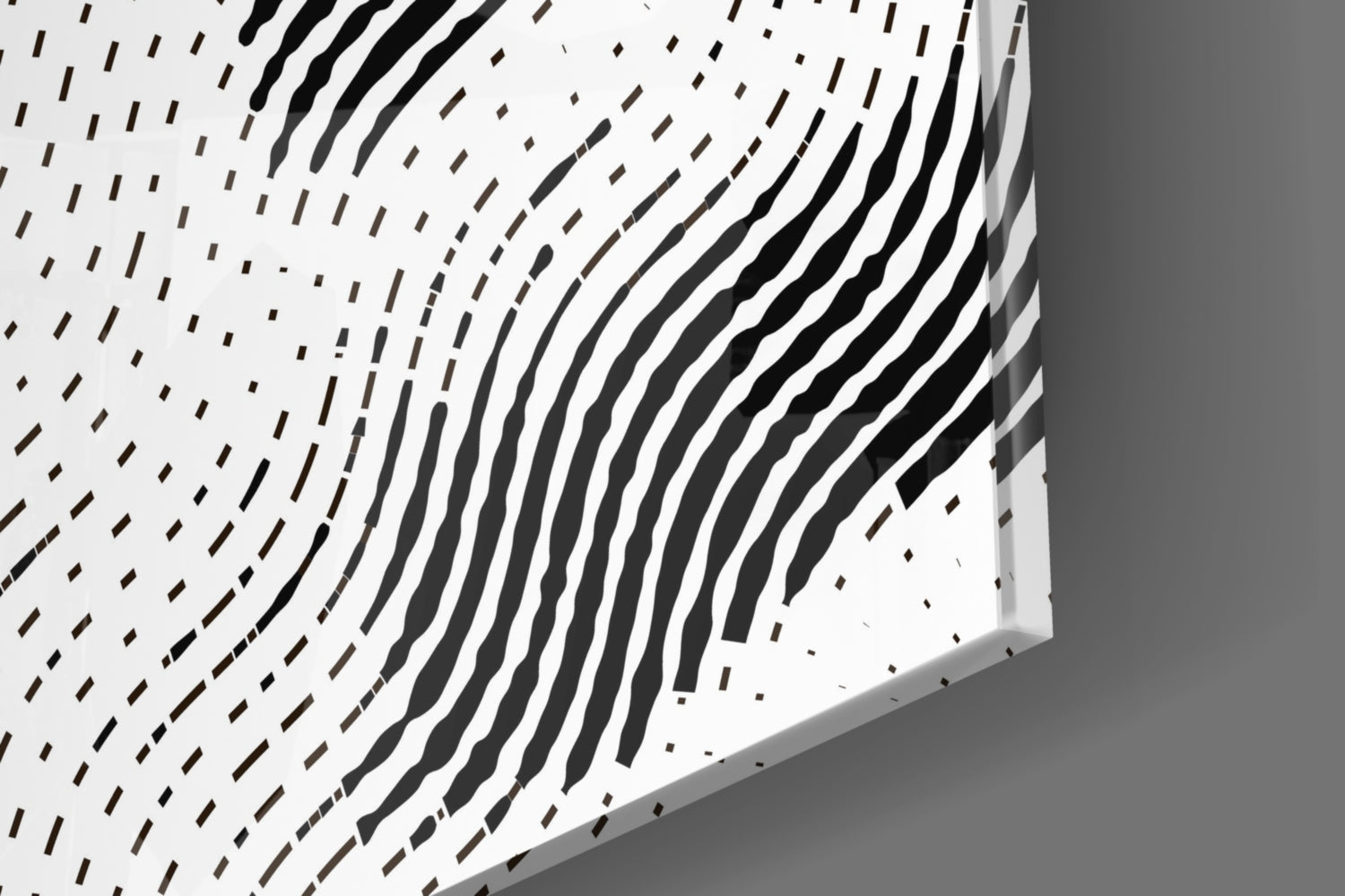 White perforated wall panel with black dashed lines creating curved wave pattern, photographed at upward angle against gray background.
