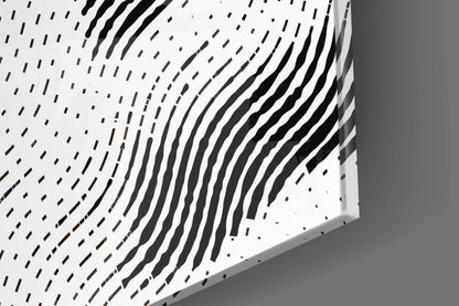 White perforated wall panel with black dashed lines creating curved wave pattern, photographed at upward angle against gray background.