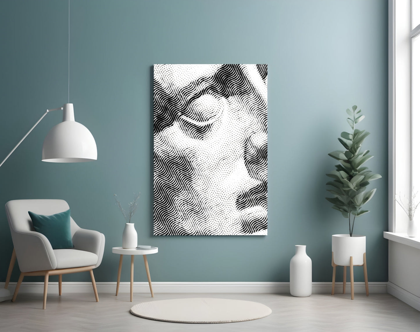 Black and white wavy line pattern glass wall art displayed in modern room with teal walls, white chair, and potted plant.
