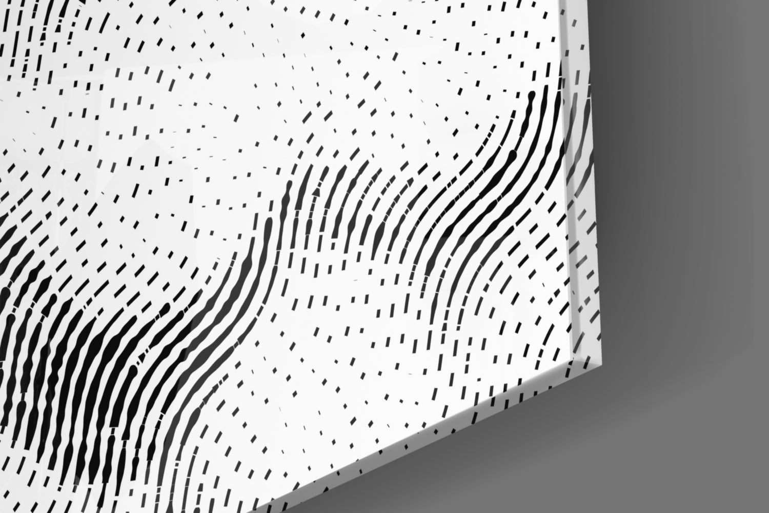 Close-up angled view of perforated white glass panel with black dashed line pattern creating wave-like texture.