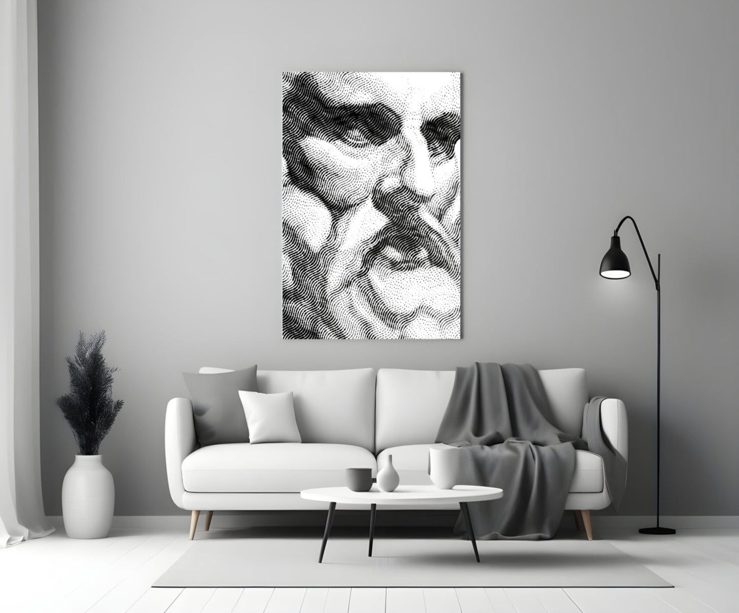 Black and white abstract wavy line pattern glass art displayed above white sofa in minimalist living room setting.