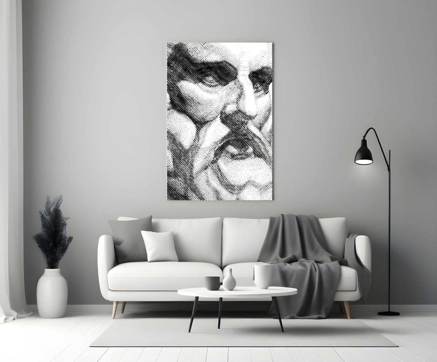 Black and white abstract wavy line pattern glass art displayed above white sofa in minimalist living room setting.