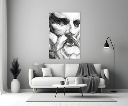 Black and white abstract wavy line pattern glass art displayed above white sofa in minimalist living room setting.
