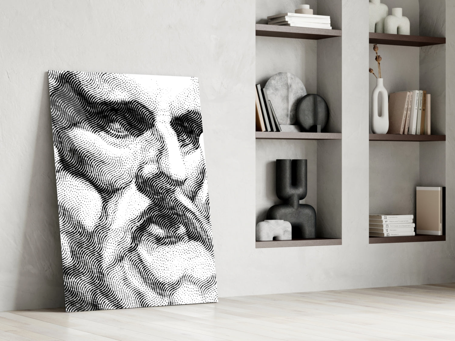 Modern interior scene with leaning black and white wavy patterned glass panel against white wall beside shelving unit.