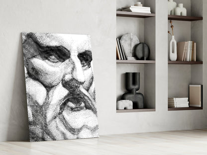 Modern interior scene with leaning black and white wavy patterned glass panel against white wall beside shelving unit.