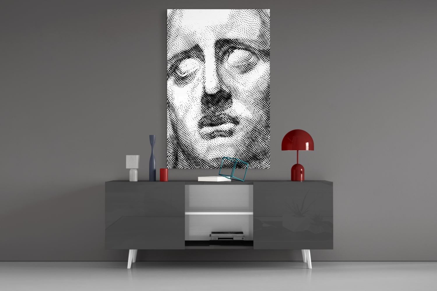 Abstract wavy line portrait in black and white displayed above gray media console with red lamp and decorative accessories.