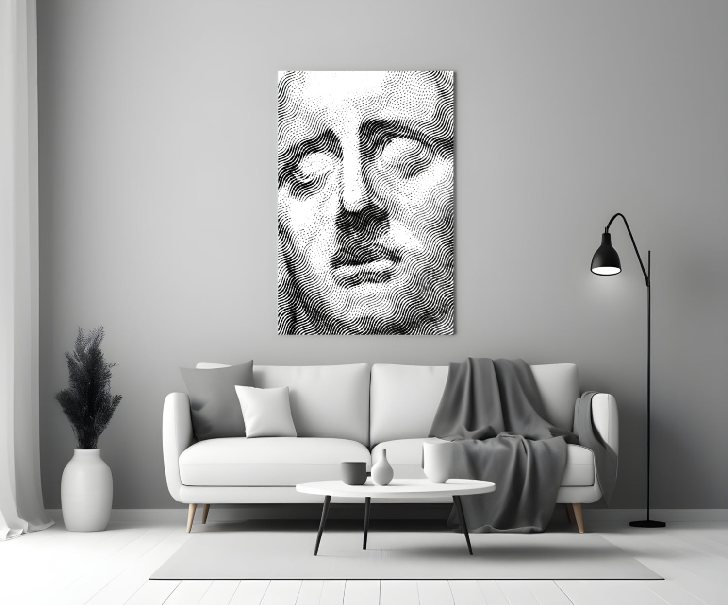 Black and white wavy line portrait art hanging above a white sofa in a minimalist living room interior.