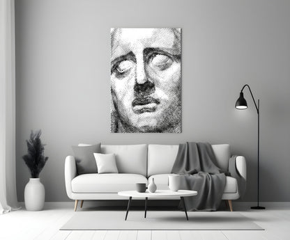 Black and white wavy line portrait art hanging above a white sofa in a minimalist living room interior.