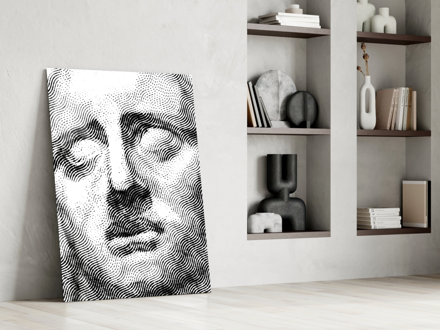 Black and white wavy line portrait artwork leaning against white wall beside open shelving with decorative objects.