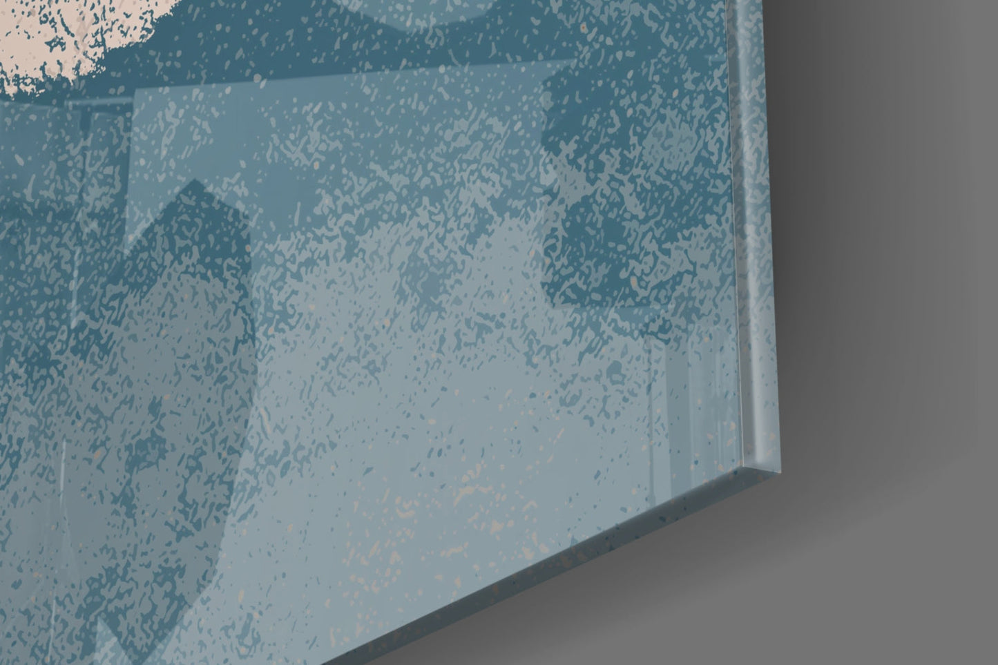 Close-up of textured glass surface with teal and white speckled pattern and gray frame edge visible.