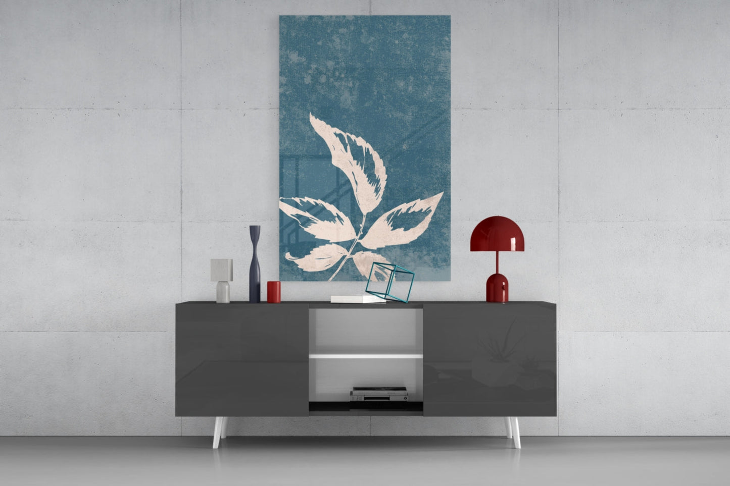 Blue Cyanotype Leaf Silhouette Glass Wall Art