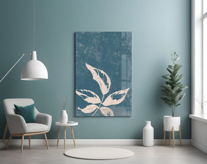 Blue Cyanotype Leaf Silhouette Glass Wall Art