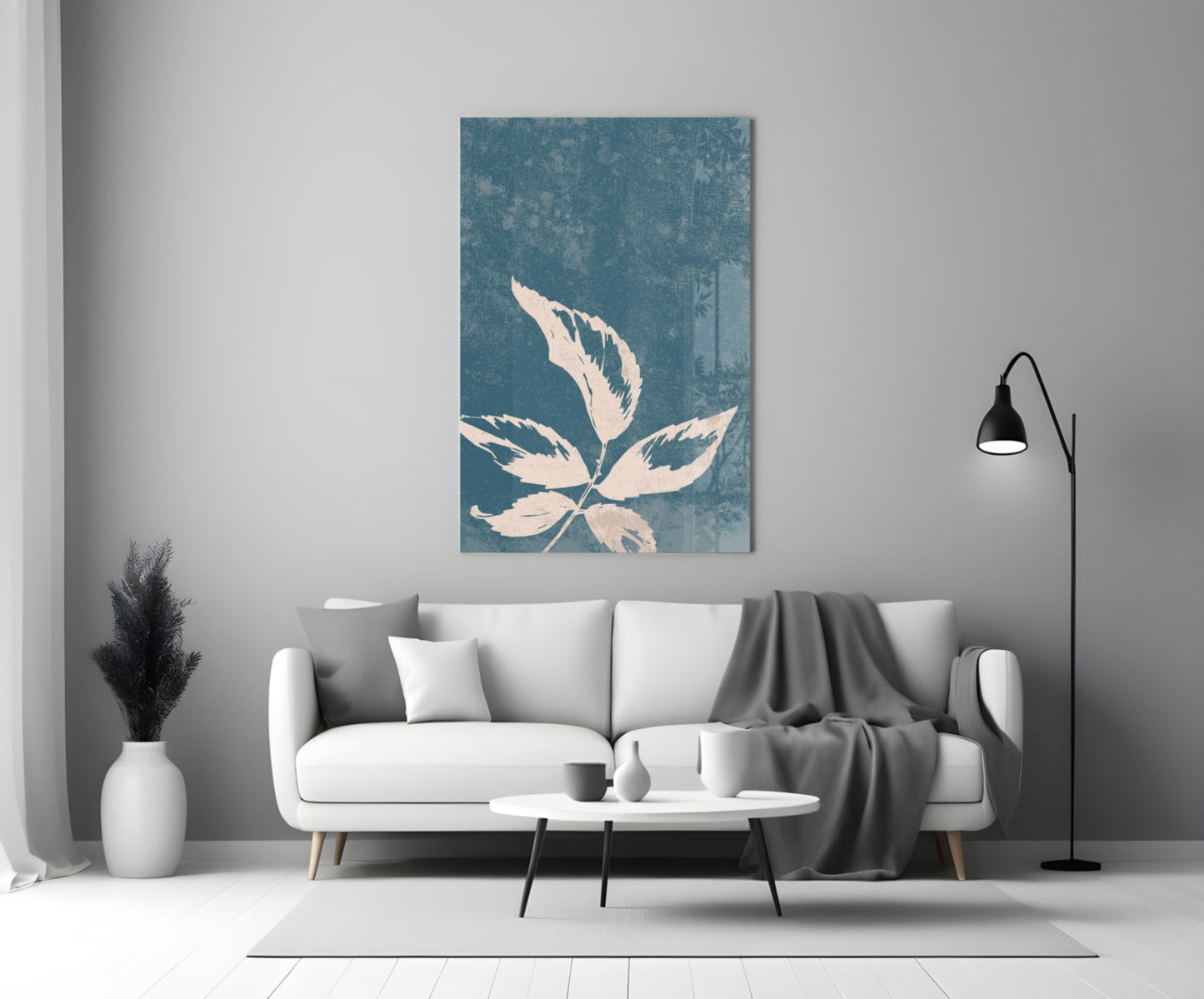 Blue Cyanotype Leaf Silhouette Glass Wall Art