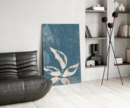 Blue Cyanotype Leaf Silhouette Glass Wall Art