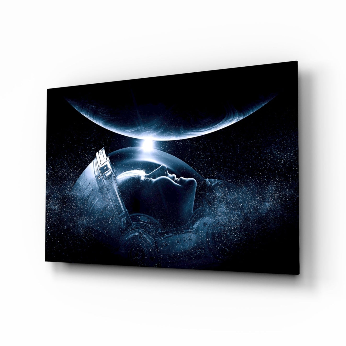 Astronaut in spacesuit gazing at illuminated planet from starfield, displayed as angled wall-mounted canvas print.