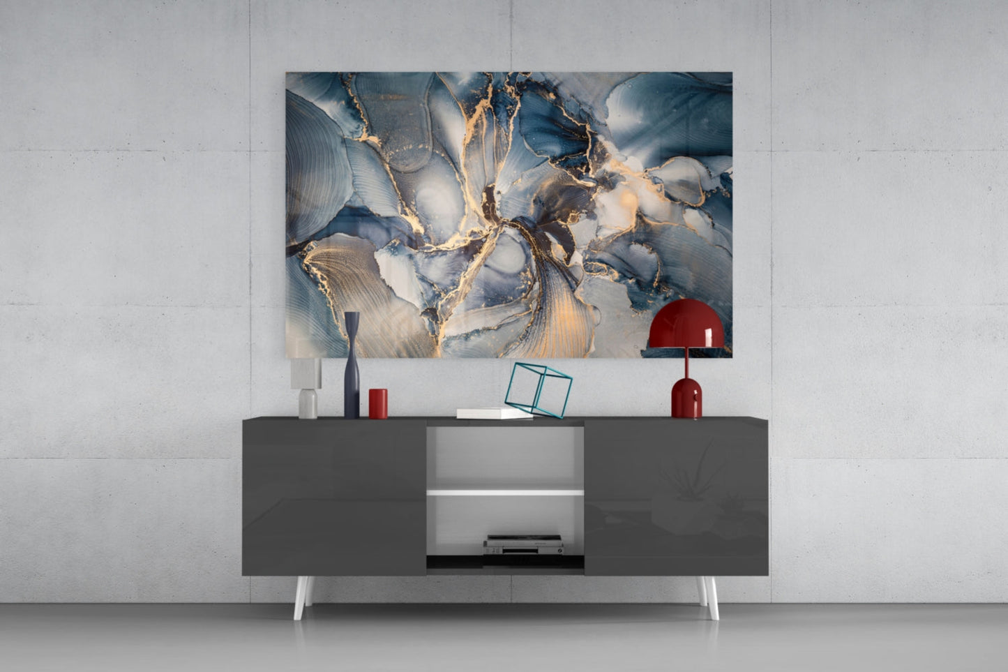 Navy Blue And Gold Veined Marble Glass Wall Art