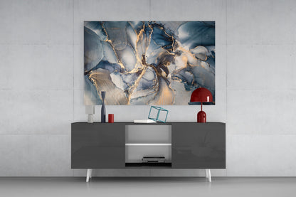 Navy Blue And Gold Veined Marble Glass Wall Art