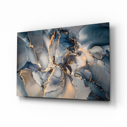 Navy Blue And Gold Veined Marble Glass Wall Art