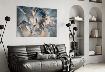 Navy Blue And Gold Veined Marble Glass Wall Art
