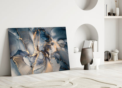 Navy Blue And Gold Veined Marble Glass Wall Art
