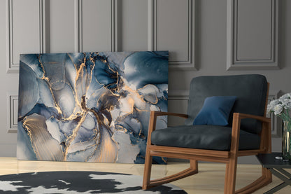 Navy Blue And Gold Veined Marble Glass Wall Art
