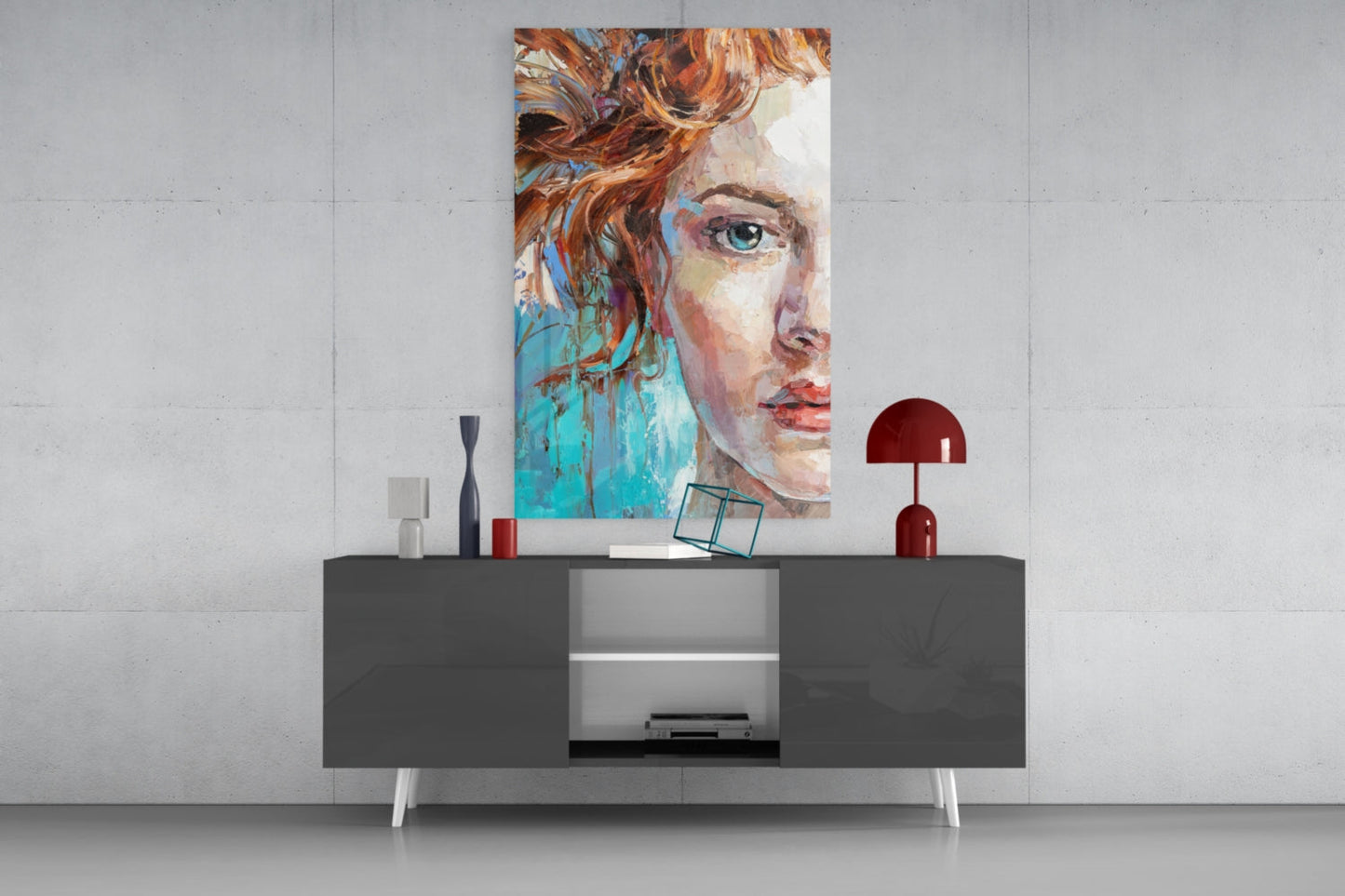 Turquoise Palette Knife Woman Portrait Glass Wall Art