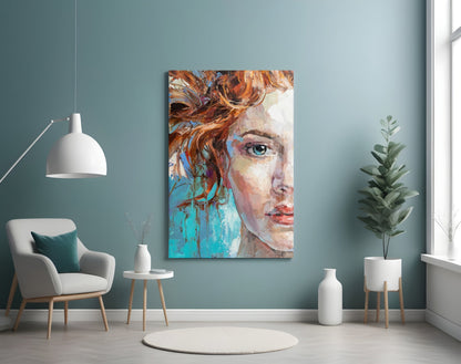 Turquoise Palette Knife Woman Portrait Glass Wall Art