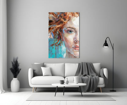 Turquoise Palette Knife Woman Portrait Glass Wall Art