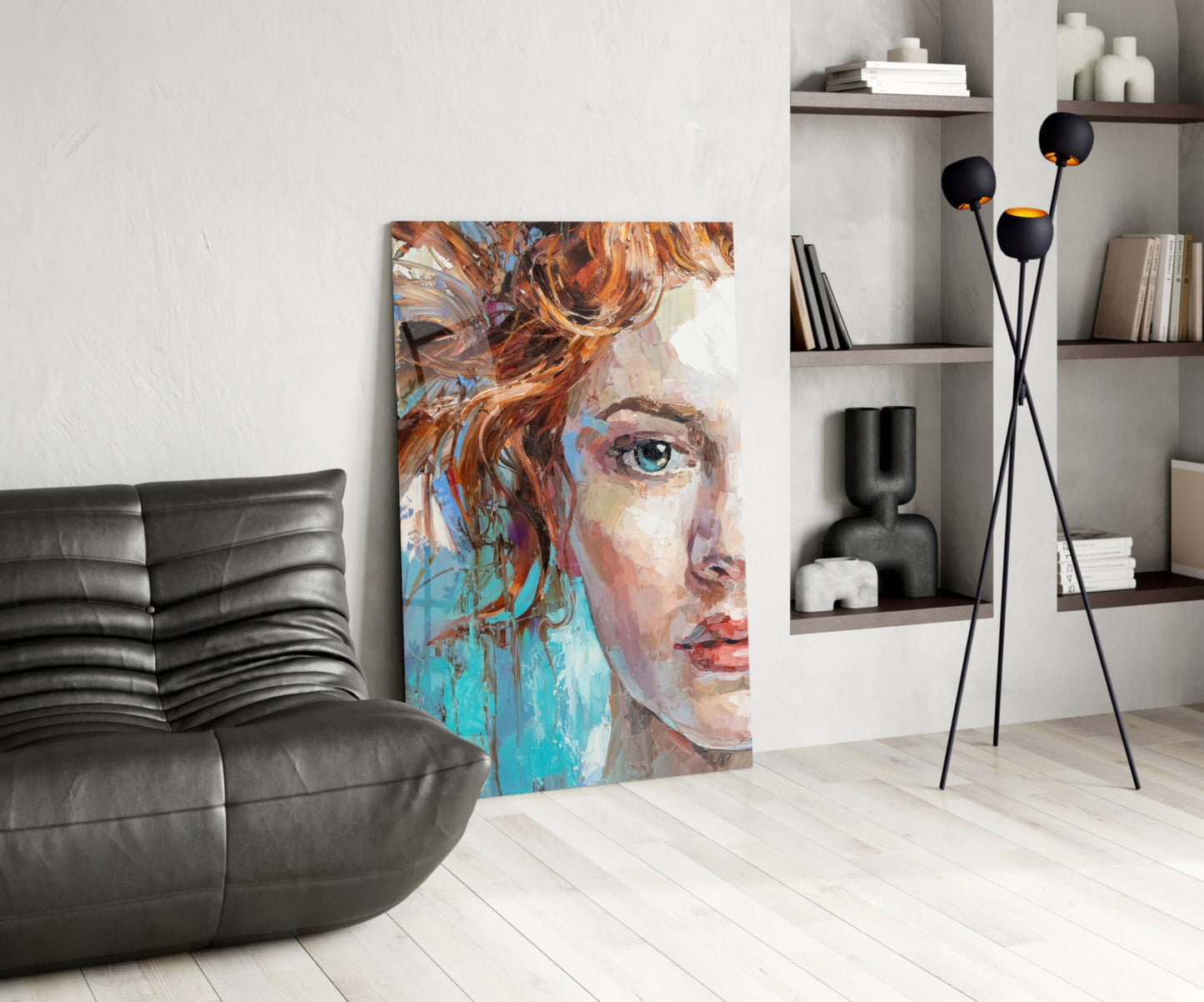 Turquoise Palette Knife Woman Portrait Glass Wall Art