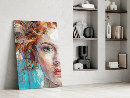 Turquoise Palette Knife Woman Portrait Glass Wall Art