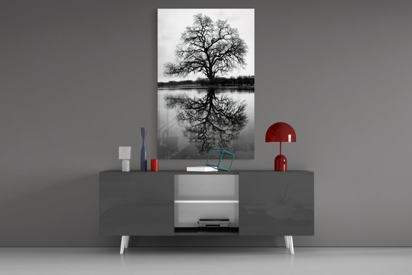 Bare Tree Lake Reflection Black White Glass Wall Art