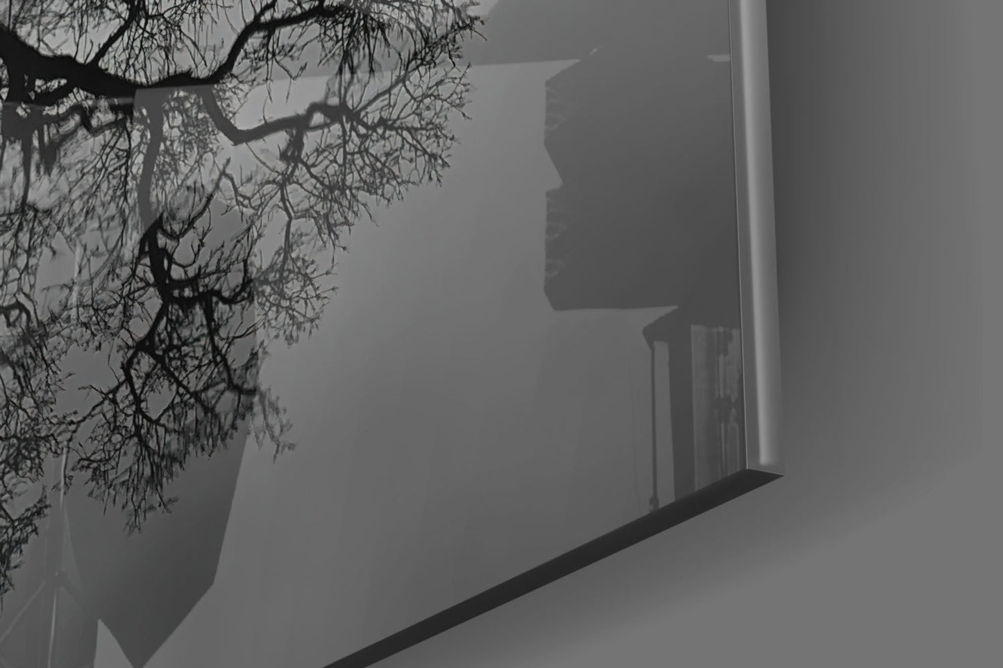 Bare Tree Lake Reflection Black White Glass Wall Art