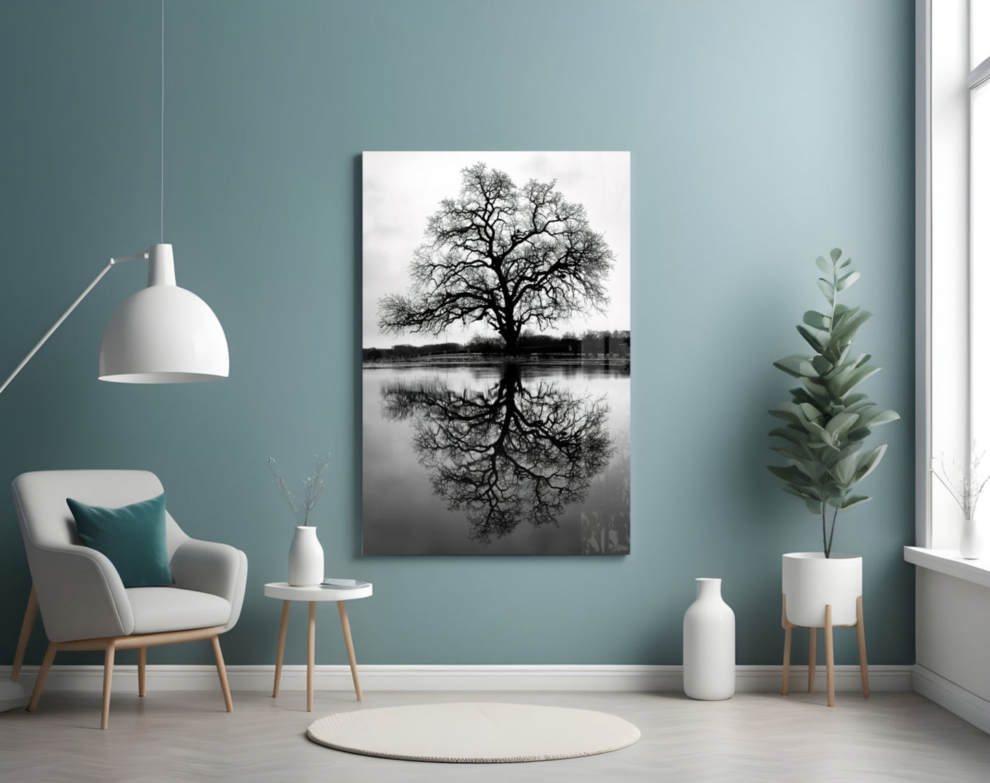 Bare Tree Lake Reflection Black White Glass Wall Art