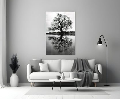 Bare Tree Lake Reflection Black White Glass Wall Art