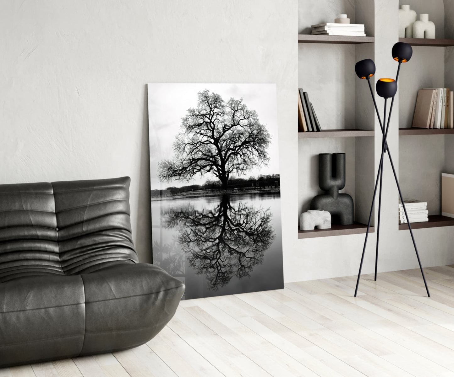Bare Tree Lake Reflection Black White Glass Wall Art