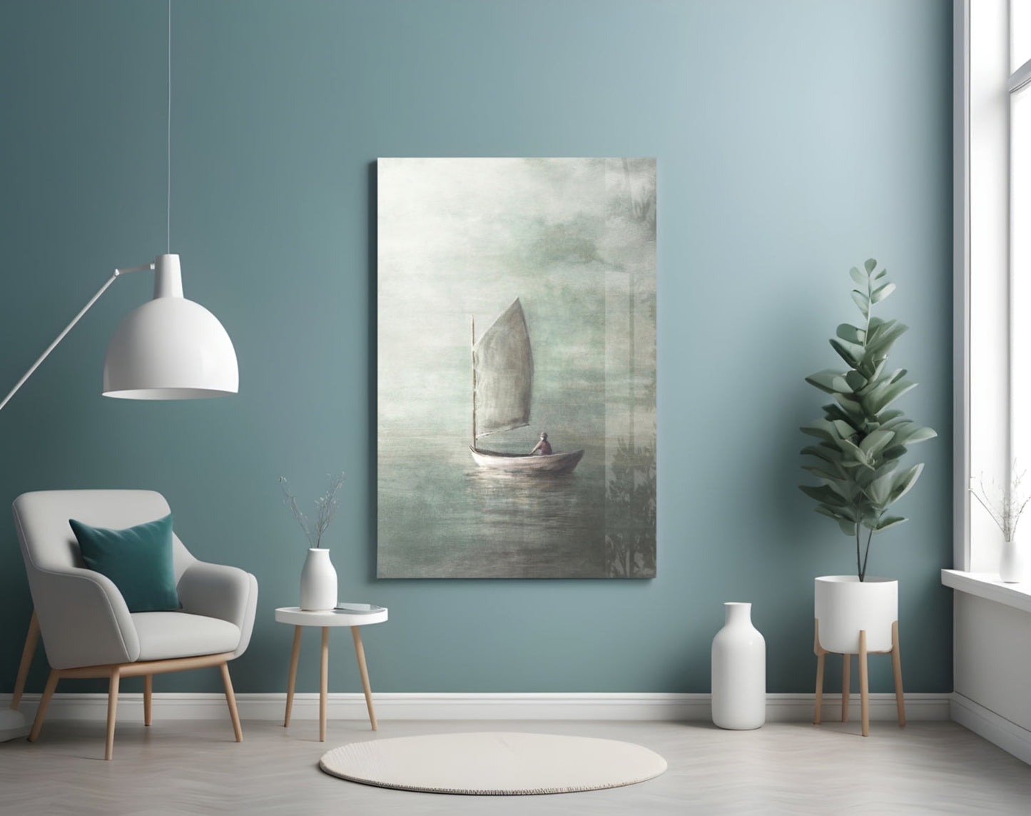 Misty Sage Sailboat At Dawn Glass Wall Art