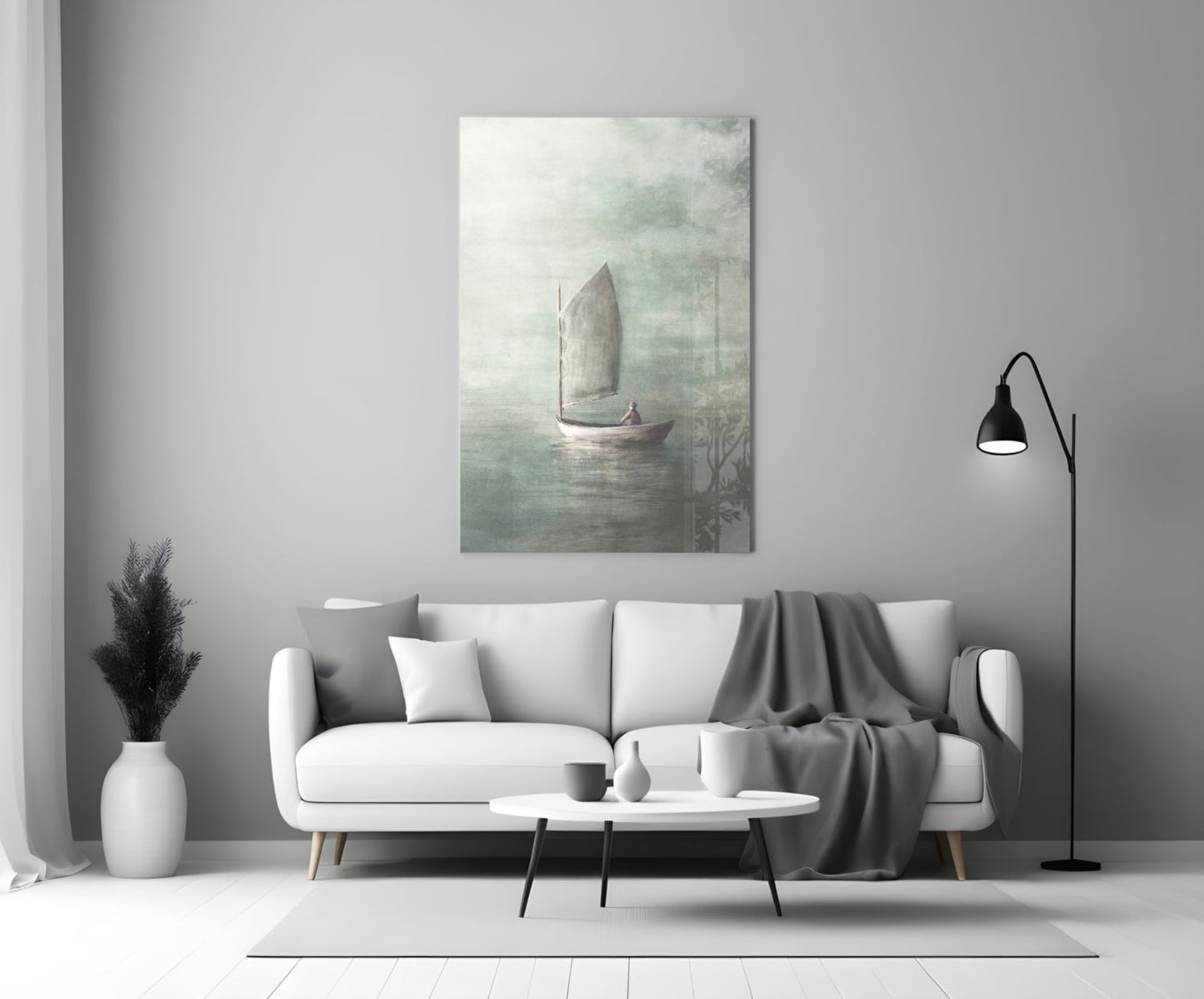 Misty Sage Sailboat At Dawn Glass Wall Art