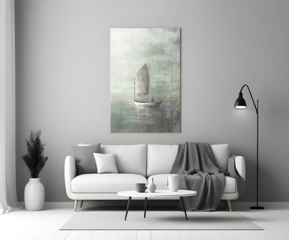 Misty Sage Sailboat At Dawn Glass Wall Art