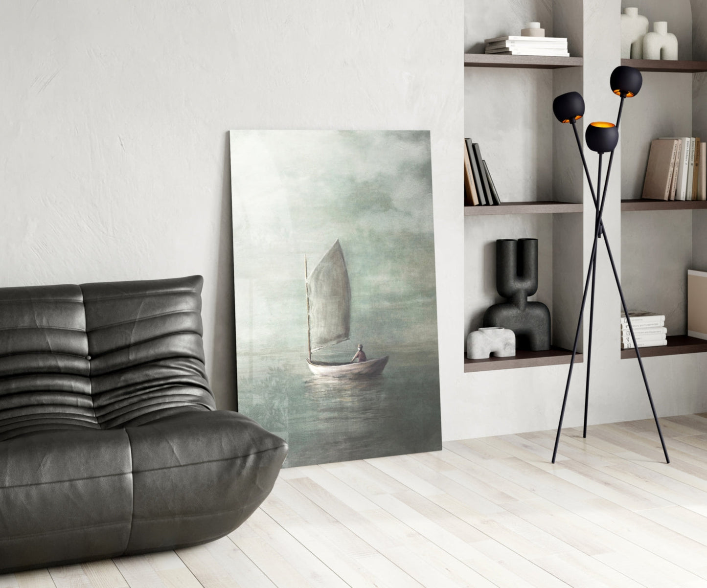 Misty Sage Sailboat At Dawn Glass Wall Art