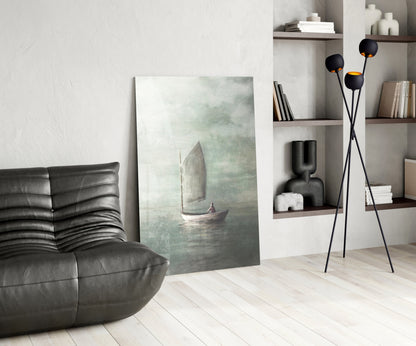 Misty Sage Sailboat At Dawn Glass Wall Art