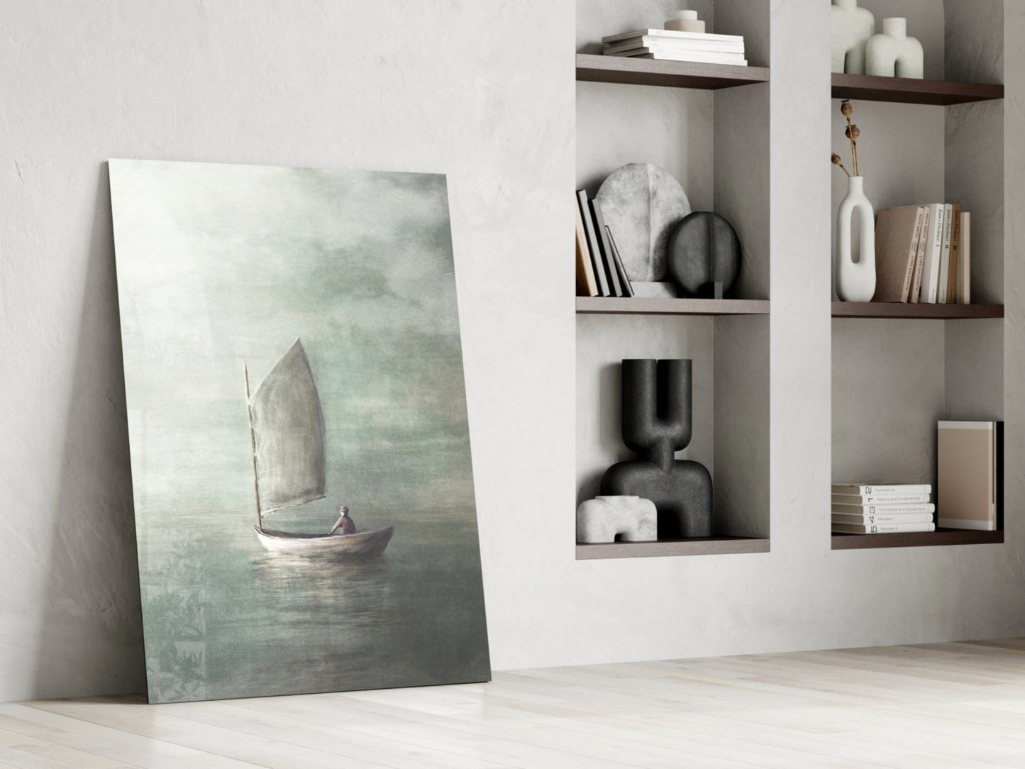 Misty Sage Sailboat At Dawn Glass Wall Art