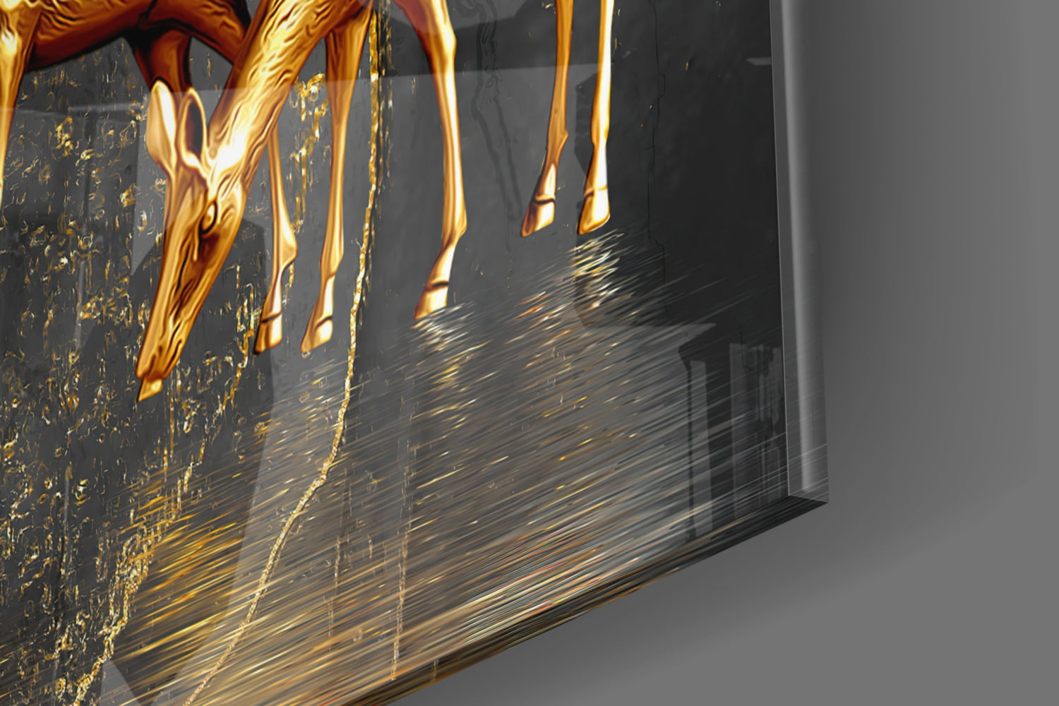 Close-up side view of golden gazelle legs and tree details with gold leaf effects on dark glass panel.