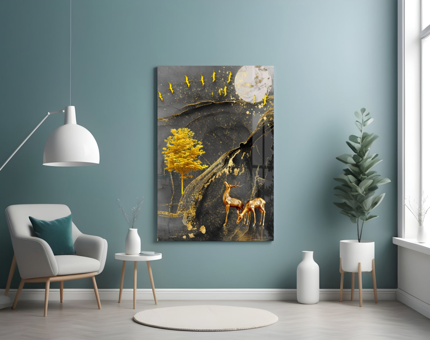 Golden Tree and Gazelles Glass Wall Art displayed on a teal wall above a white armchair in a minimalist room setting.
