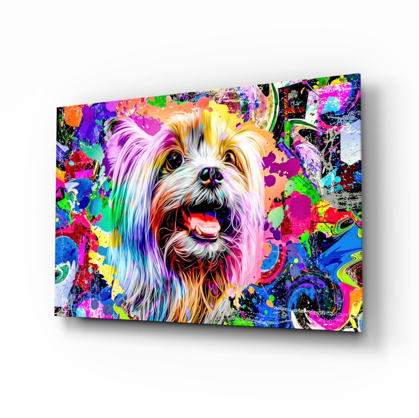 Colorful glass wall art panel displaying a smiling white and tan dog's face surrounded by vibrant abstract paint splatters and neon colors.