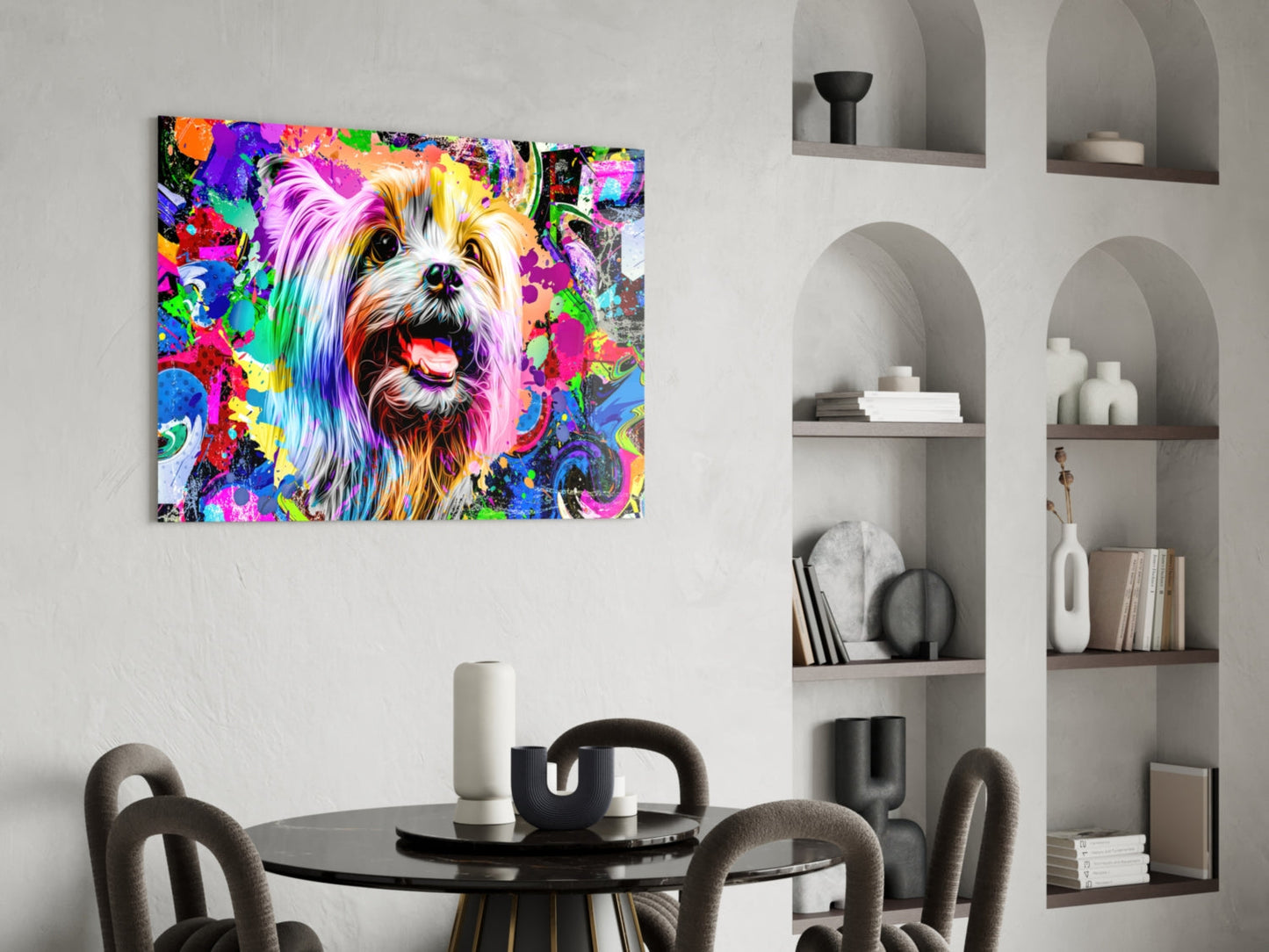 Colorful pop art glass wall panel featuring a smiling dog with rainbow fur displayed above a dining table in a modern interior.